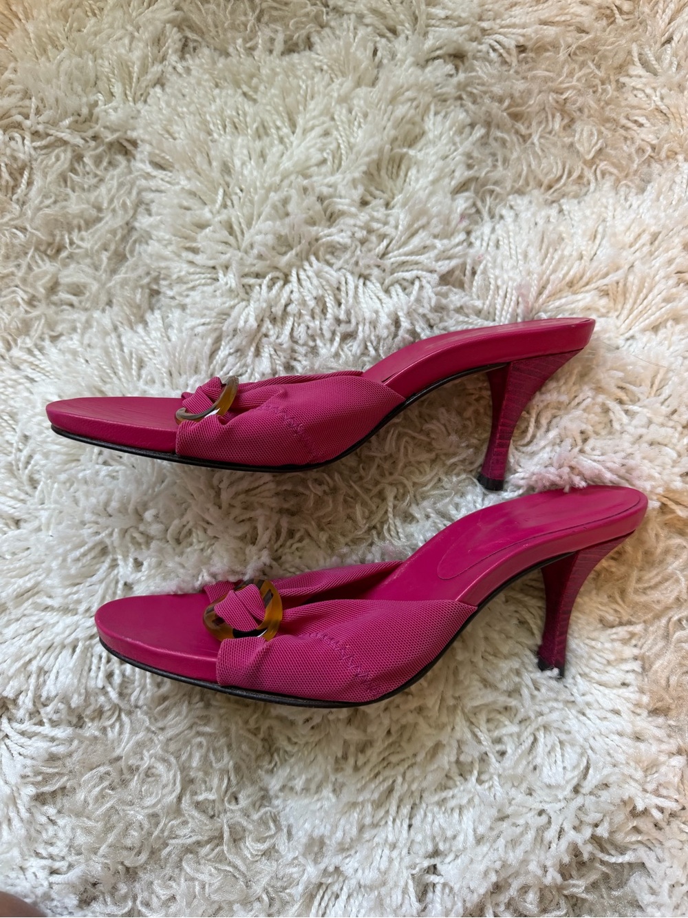 Donald J. Pliner Hot Pink Slide Mules with Tortoiseshell Ring - Picture 7 of 9